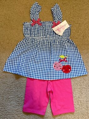 Bonnie Jean Blue Gingham Tunic with Red Polka Dot Bows with Pink Shorts